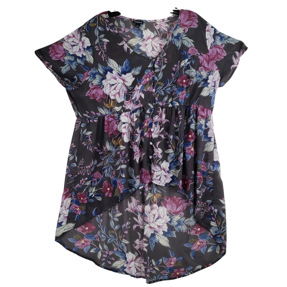 Torrid Floral Babydoll Tunic Women 1 Grey Boho High-Low Button Front V-Neck